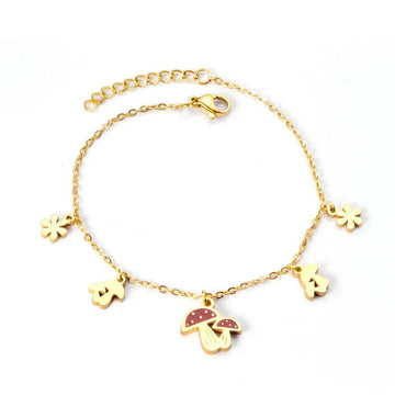 Cute Style Gold Colour Mushroom Flower Pendants Beaded Chains Charm Bracelets - Stainless Steel link Chain - The Jewellery Supermarket